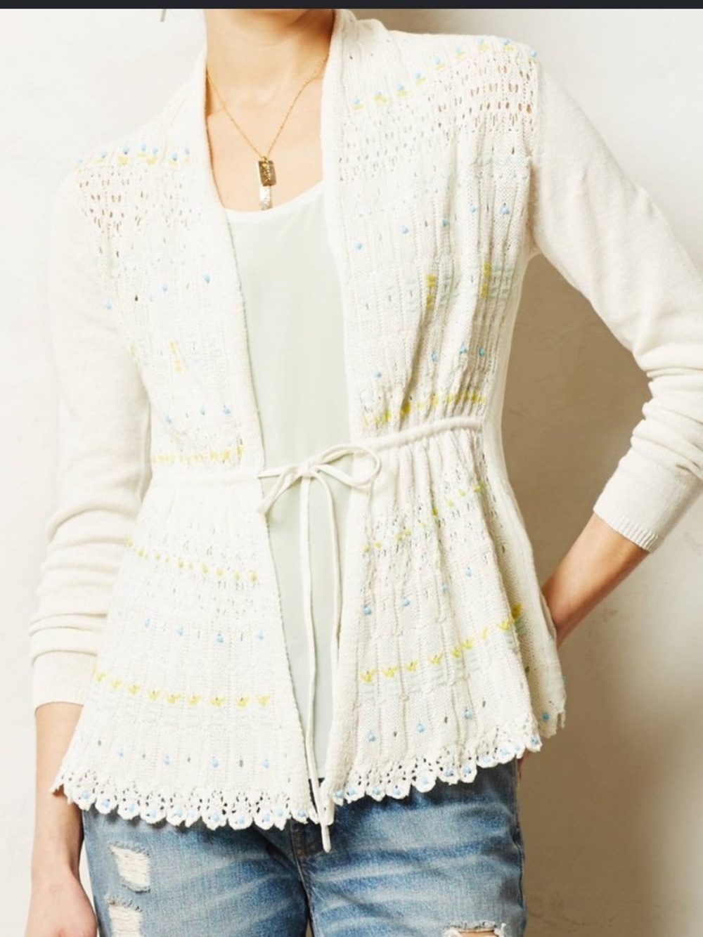 Anthropologie Moth Cream Lazuli Dusted Cardigan Beaded Size Small Cottagecore